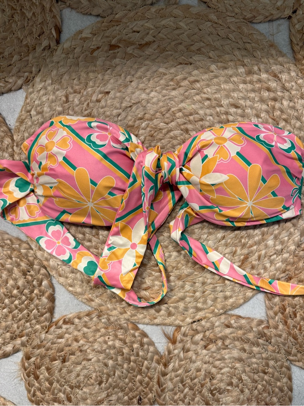 Kenny Flowers Pink & Yellow Floral Tie-Front Bandeau Bikini Top